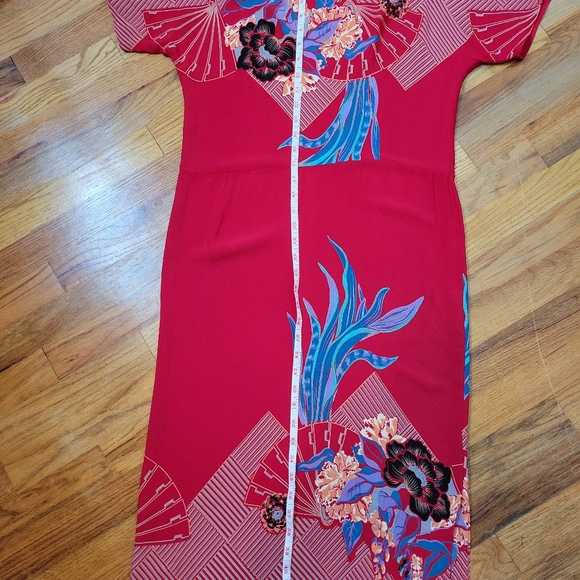 Lizzy & Johnny Silk Dress Red With Floral Asian Print Side Slit Slit Sleeves - Picture 15 of 16